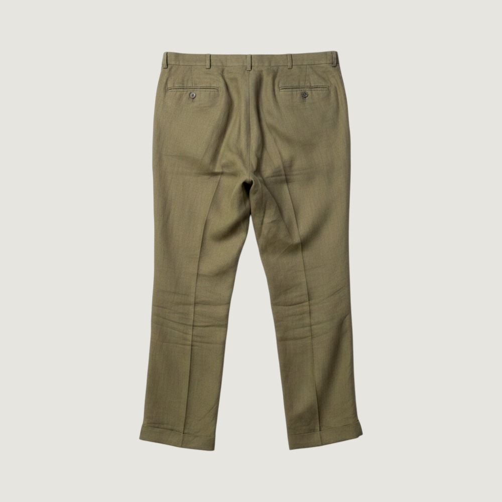 Harold Powell Linen Trousers Mens 42 Brown Pleated Cuffed Herringbone Old Money - Picture 2 of 8